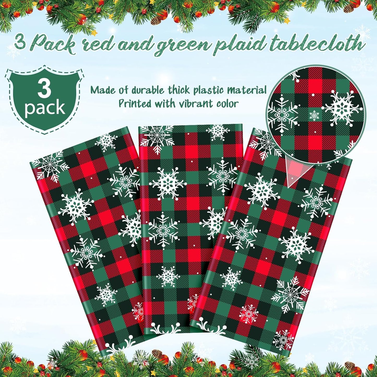 3Pcs Christmas Buffalo Plaid Snowflake Party Tablecloths Decorations,Plastic Red and Green Checkered Rectangle Table Cover for Winter Christmas New Year Birthday Holiday Party Decorations,54x108 inch