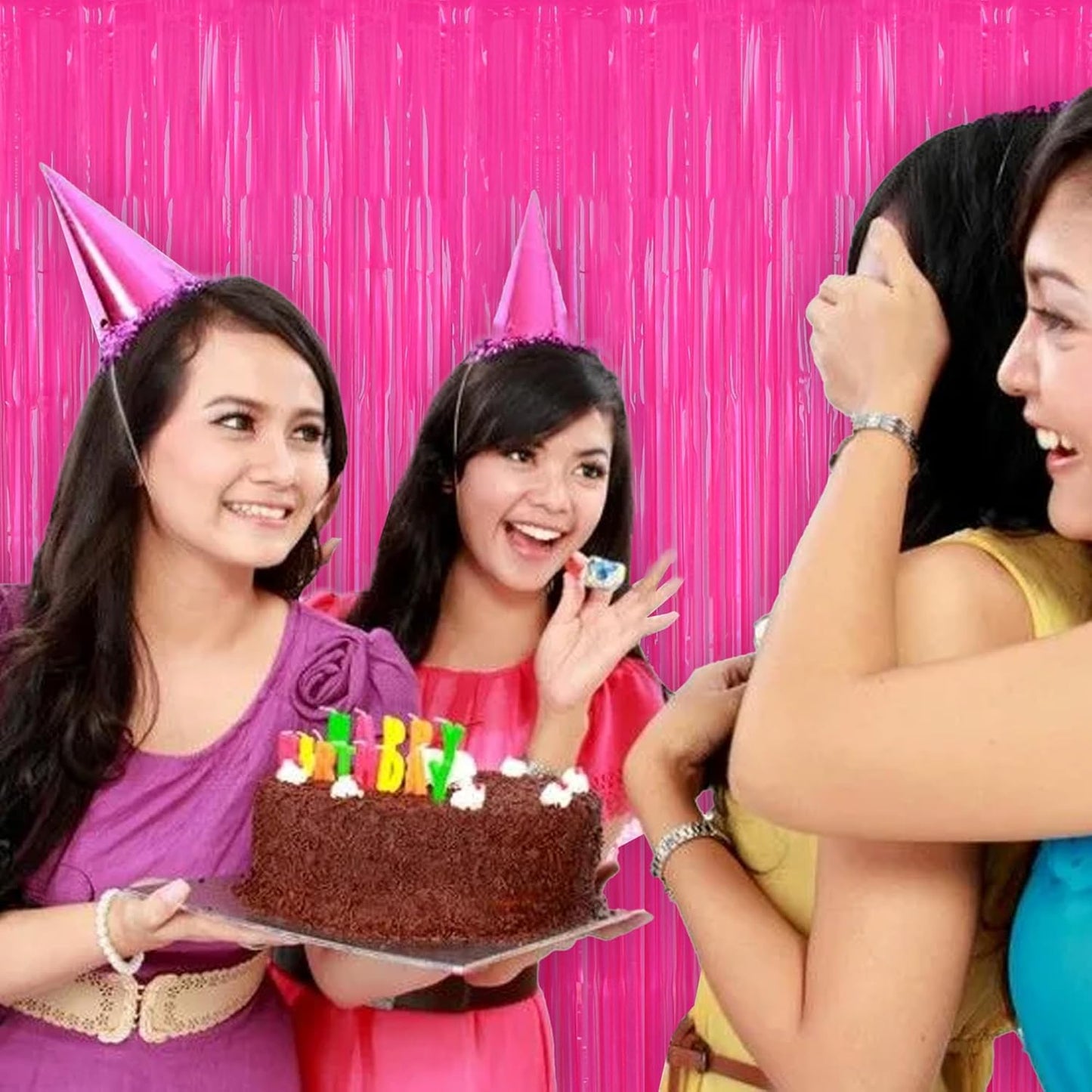 BEISHIDA 2Pcs Hot Pink Door Streamer Fluorescent Hot Pink Backdrop Blue Foil Fringe Curtains Tinsel for Birthday Baby Shower Backdrop Wedding Party Decoration (3.28 ft x 6.56 ft)