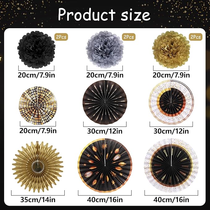 SUNBEAUTY New Years Eve Party Supplies 2026, Happy New Year Decorations Black Gold Hanging Paper Fans Tissue Pom Poms Happy New Year Banner for 2026 New Year Party Favor Supplies Decorations