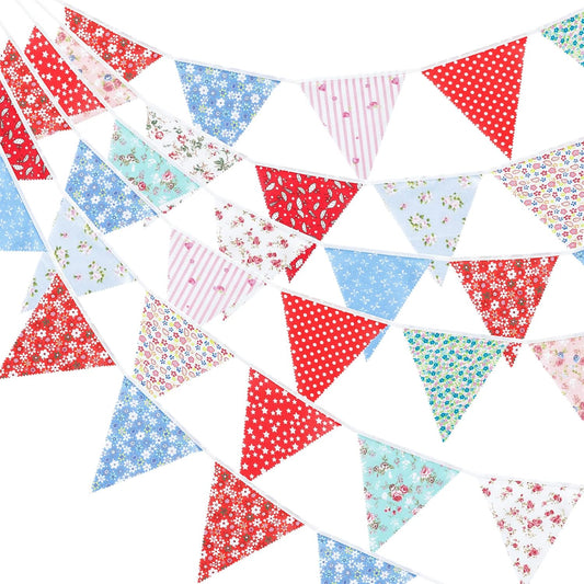 jijAcraft 39Ft Triangle Bunting Banner, 42Pcs Tea Floral Party Bunting Cotton Fabric Flags Pennant Garlands for Birthday Party, Wedding, Baby Shower, Outdoor and Home Decoration(Red Blue and White)
