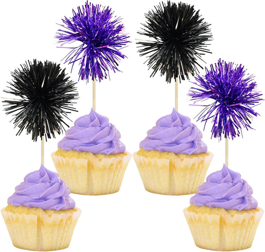 Gyufise 30Pcs Foil Firework Cupcake Toppers Sparkle Tinsel Cake Toppers Tinsel Drink Cake Decoration Cocktail Picks for Birthday Wedding Graduation Party Supplies Black Purple