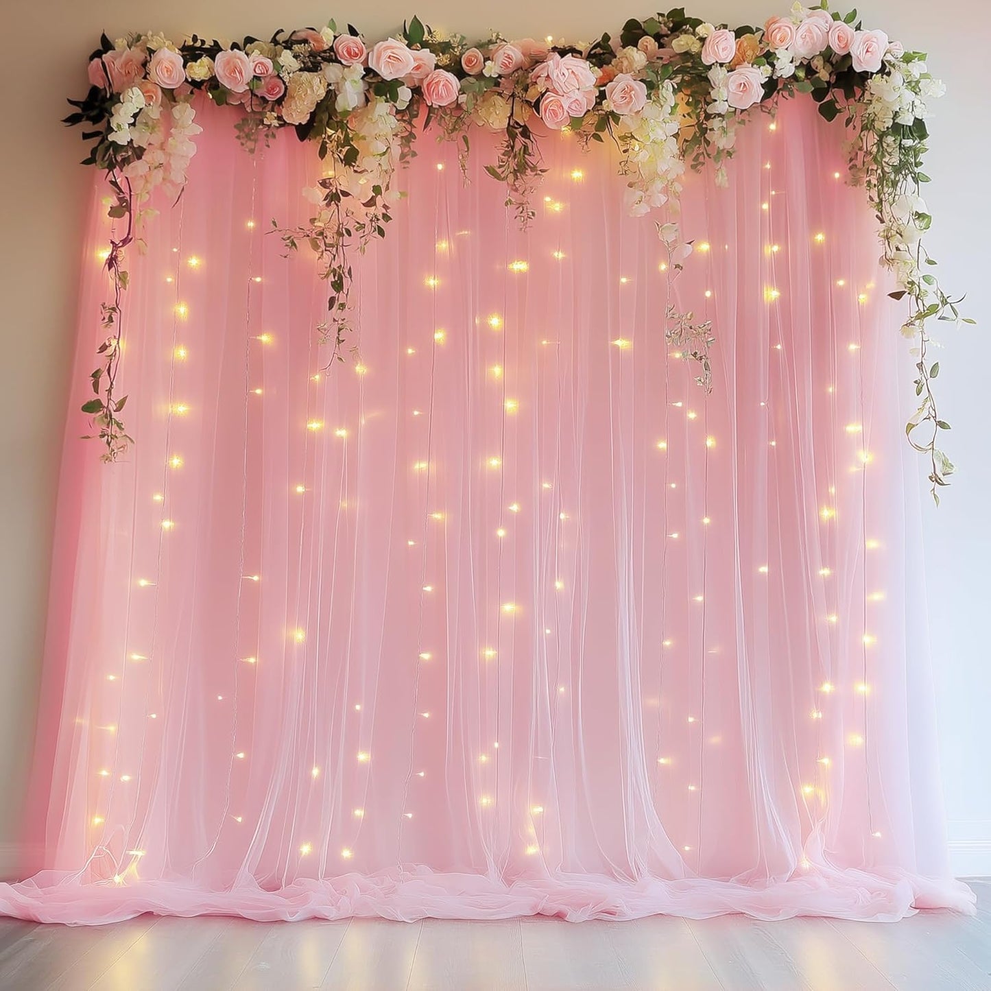Fomcet Pink Tulle Backdrop Curtains with Lights String 10FT X 8FT Sheer Curtain with Lights Tulle Curtains Backdrop for Wedding Birthday Party Baby Shower Photo Shoot (2 Panels 5x8FT)