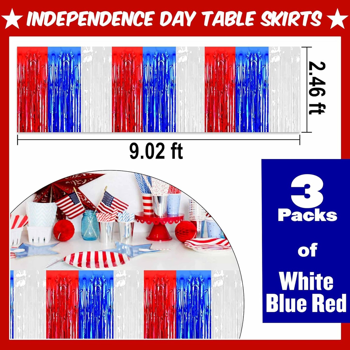 3 Pack White Blue Red Foil Fringe Table Skirts Metallic Tinsel Streamers Garland Banner Backdrop for Table Decor, Parade Float, Birthday, Wedding, Halloween, Christmas Party Decorations(29x108 In)