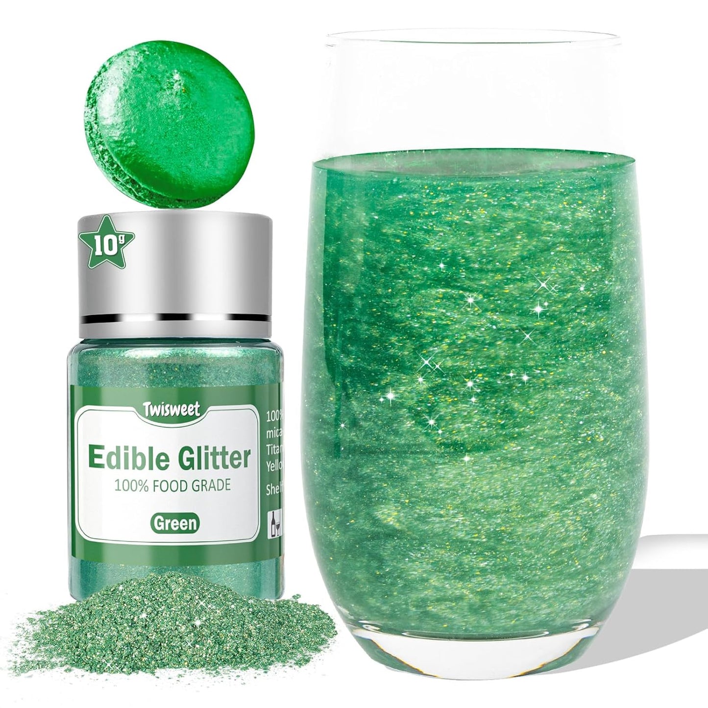 Twisweet Green Edible Glitter for Drinks, Food Grade 10g Sparkling Sprinkles Cake Decorating Supplies, Edible Luster Dust for Cocktail Beverages, Food Coloring Shimmer Powder for Cupcakes Cookies Cake Decorations
