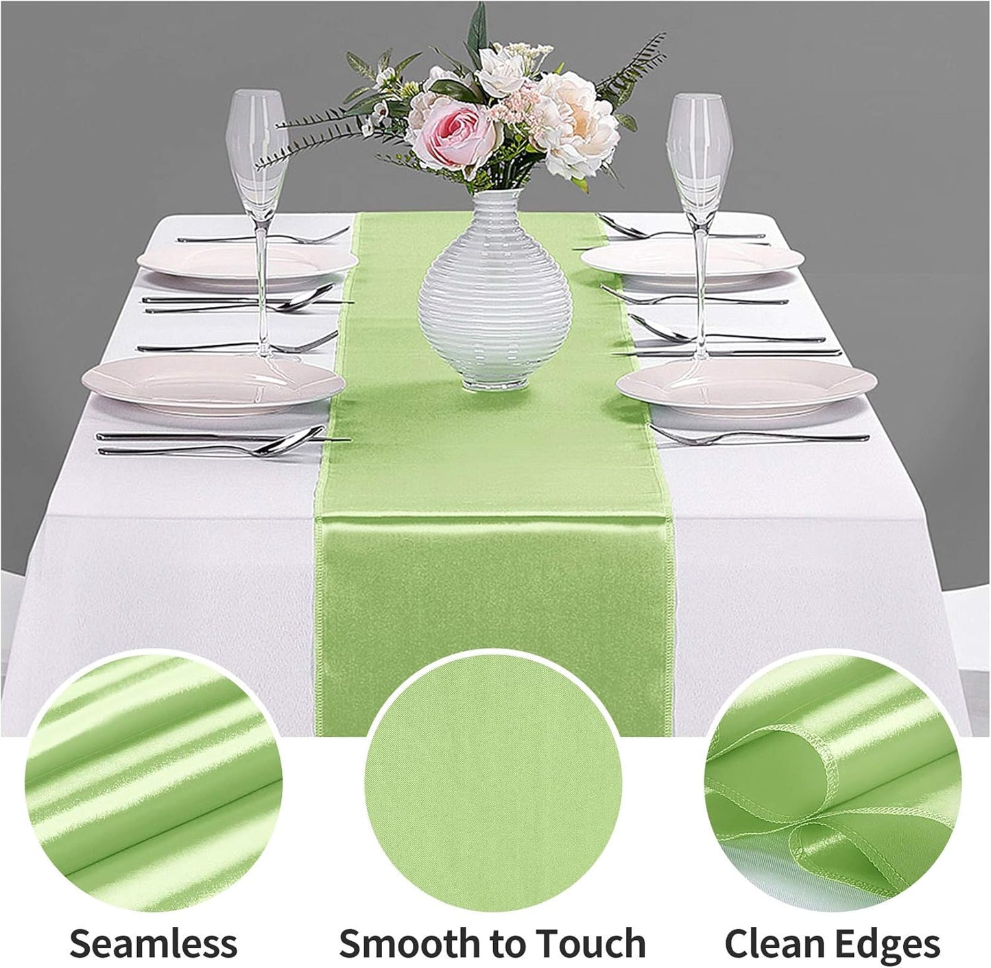 5-Pack Satin Table Runner Light Green 12 x 108 inches Long, Table Runners for Wedding, Birthday Parties, Banquets Decorations（5 Pack, 12x108 Inch, Light Green）