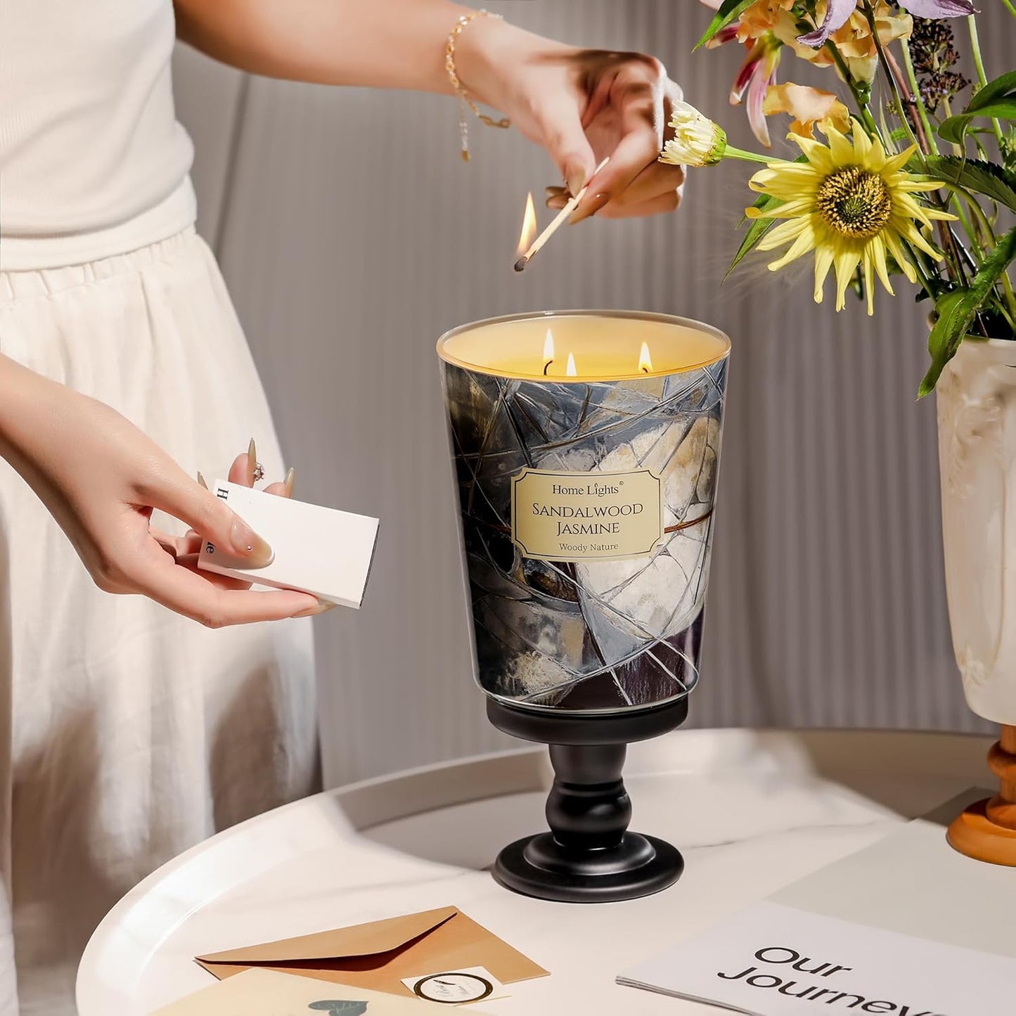 HomeLights Soy Wax Candles for Home Scented, 3-Wick Candles in Sandalwood Jasmine Scented, Industrial Chic Aromatherapy Candles Gift for Parties, Relaxing, 34oz