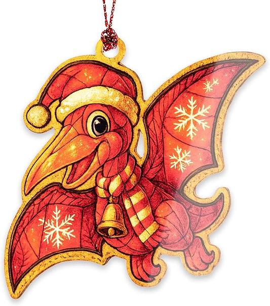Pterodactyl Ornament – Cute Dinosaur – Flying Dino Decor – Kids Holiday Card – Christmas Dino Ornament – Suncatcher Effect Stained Glass Window Hanging – Car Hanging