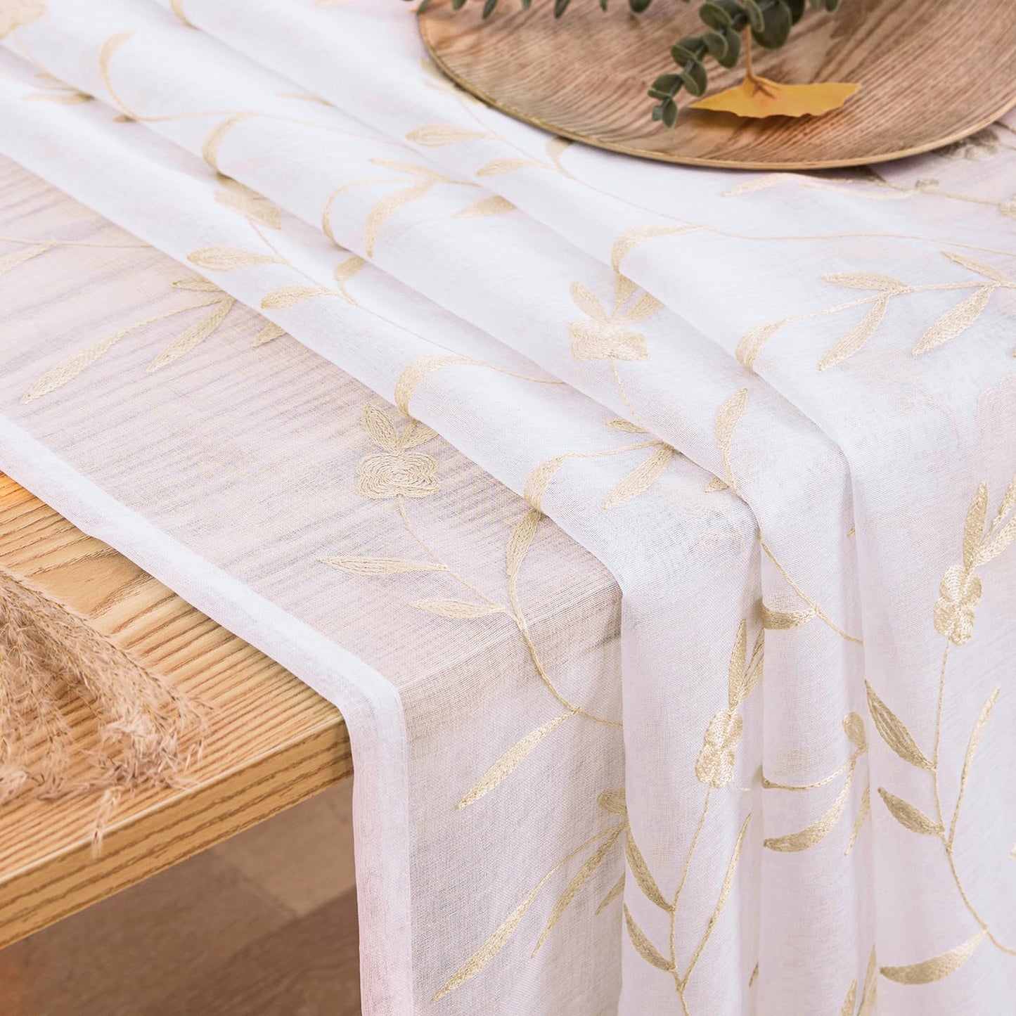 Sheer Curtains White-Beige 95 Inches, Embroidery Floral Pattern Window Treatments Rod Pocket Drapes for Living room, Bedroom, Semi Voile Curtain Panels for Patio, Villa, Parlor, Set of 2, 52"x 95".