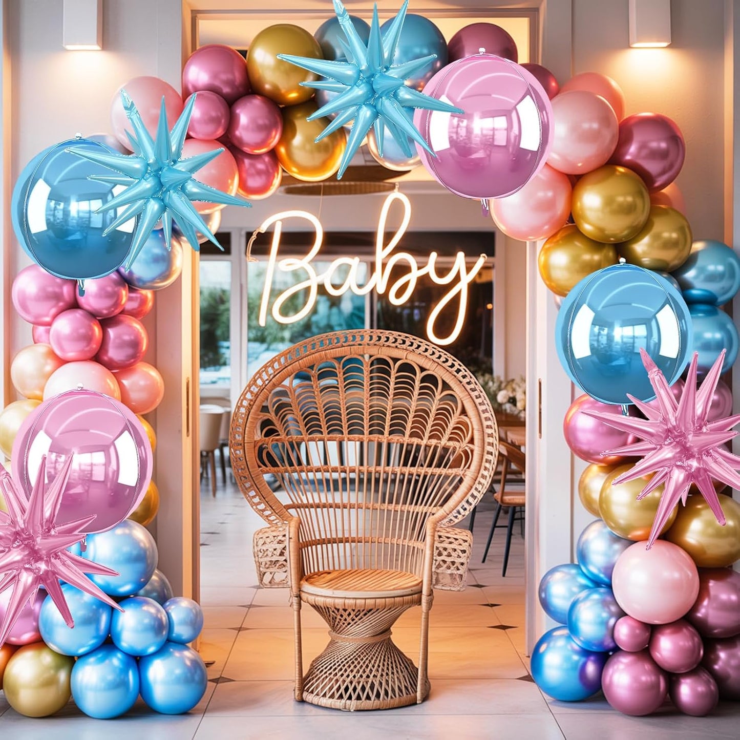 6Pcs Pink Blue Foil Balloons,22Inch Blue Pink 4D Round Ball Balloon and Explosion Star Balloon for Gender Reveal Birthday Wedding Baby Shower Anniversary Decorations