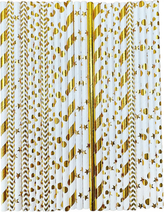 YAOSHENG [100 Pack] Pink & Gold Paper Straws Disposable, 100% Biodegradable Multi-Pattern Party Straws For Birthday, Wedding and Holiday Decoration (golden)