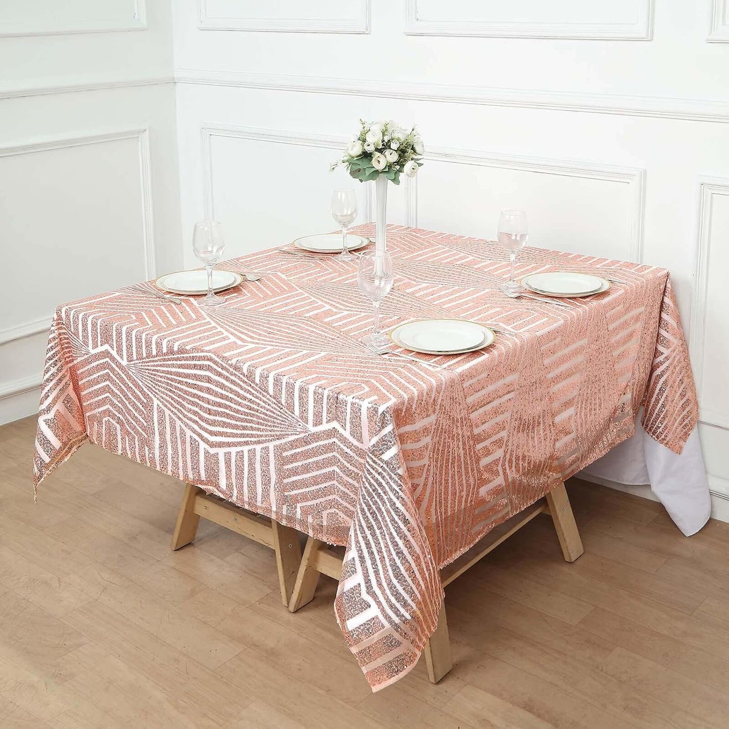 Efavormart 72" Blush Rose Gold Sparkly Sequin Geometric Tulle Square Table Overlay