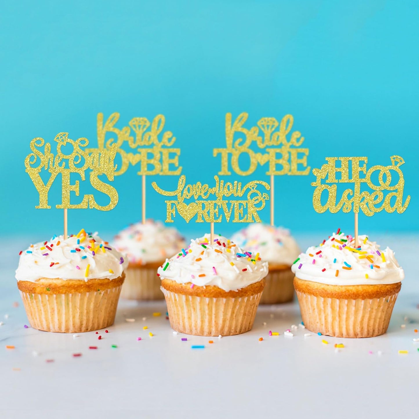 24 Pcs He Asked She Said Yes Cupcake Toppers Cake Picks for Wedding Engagement Party Cake Picks for Wedding Bridal Shower Party Cake Decorations golden