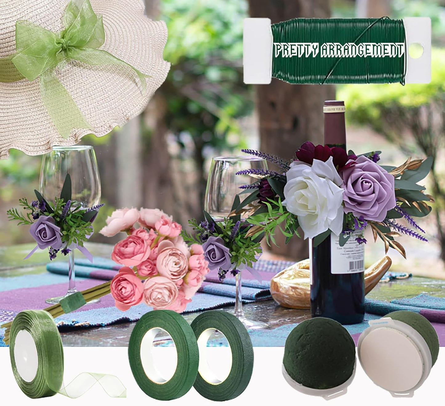 24PCS Round Floral Foam Blocks Holder Set Mini Flower Foam with Bouquet Accessories，Floral Wire, Plant Tape,Crafts Gift Ribbon