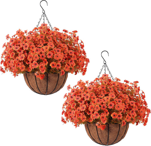 Hananona 24 Pcs Artficial Outdoor Flowers with Hanging Baskets, Orange Fall mums 2 Pack Hanging Planter with Outdoor Fall Flowers for Autumn Porch Garden and Home Patio Yard Decor (2, Orange)