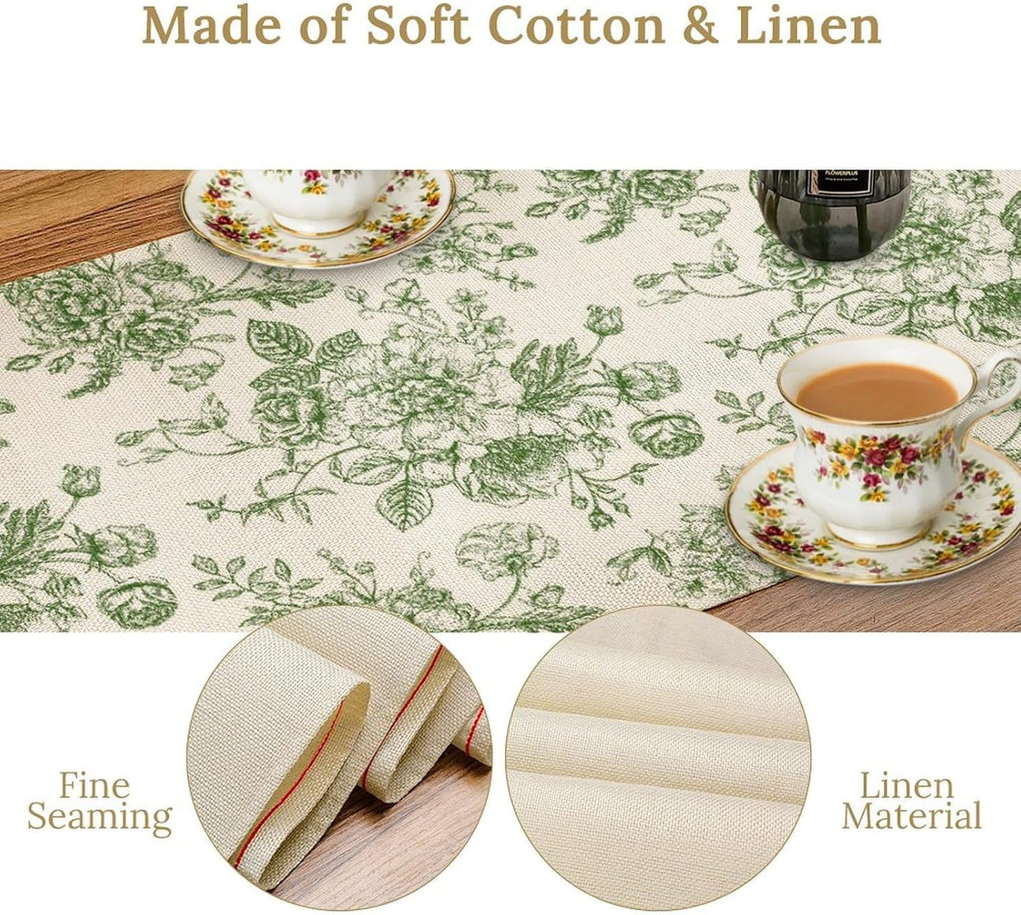 Vintage Flower Table Runner, Wildfloral Green Floral Sketch Pattern Print Table Runner for Kitchen Dinning Table Runner Decor Home Wedding Party Holiday, 13x36 Inch