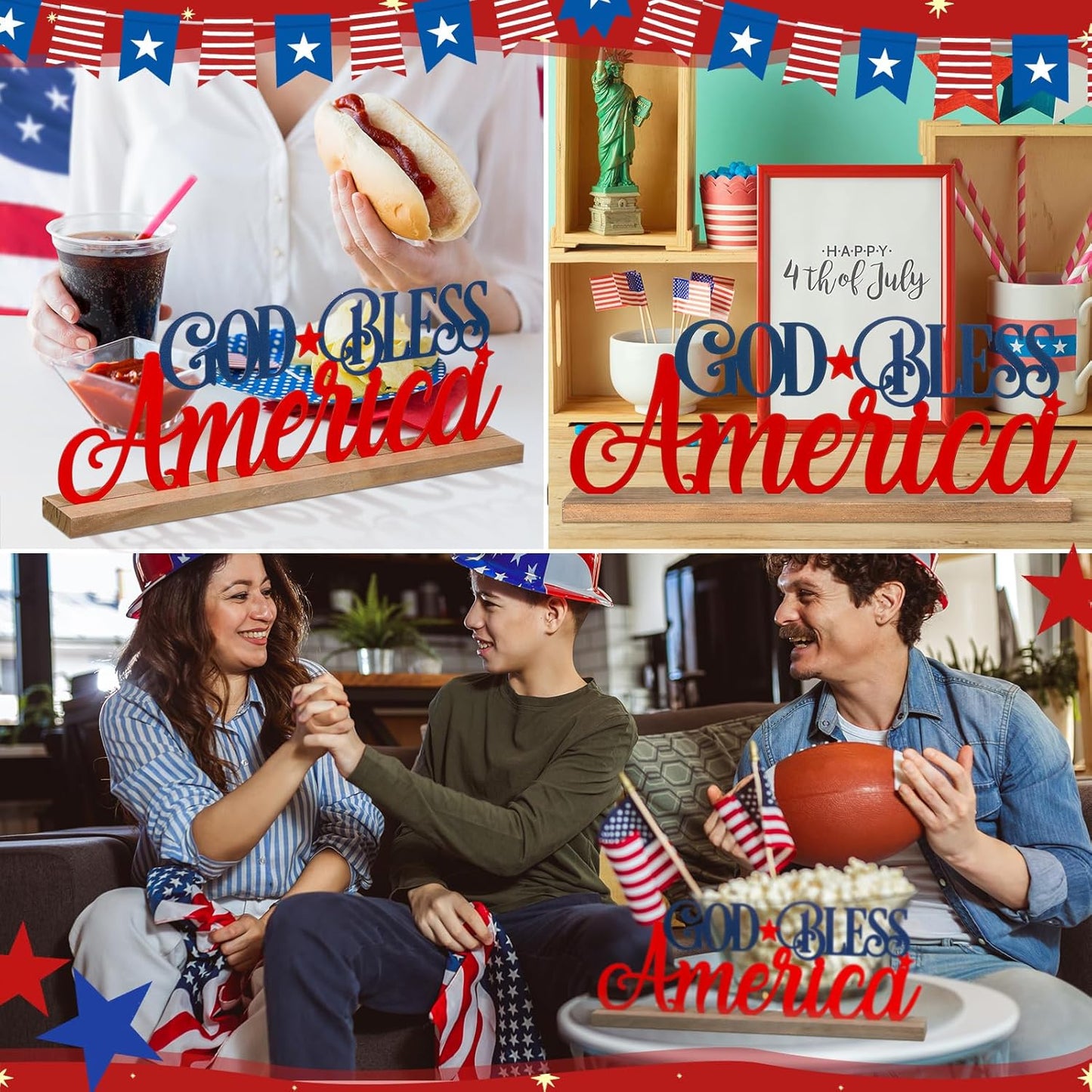 Patriotic God Bless America Metal Sign Rustic Table Decor Holiday Tiered Tray Decor with Wooden Base Freestanding Metal Word Sign for Home Tabletop Centerpiece Mantel Shelf Fireplace