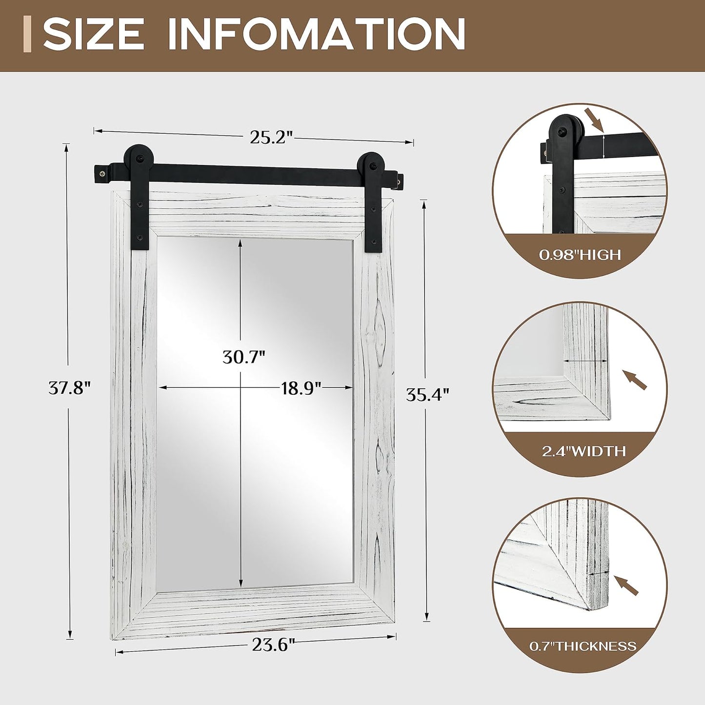 COGOOD Farmhouse Barn Door Mirror - 38" x 25" Rustic Wood Framed Wall Mirror for Bathroom, Living Room, Entryway Wall Decorative (White)