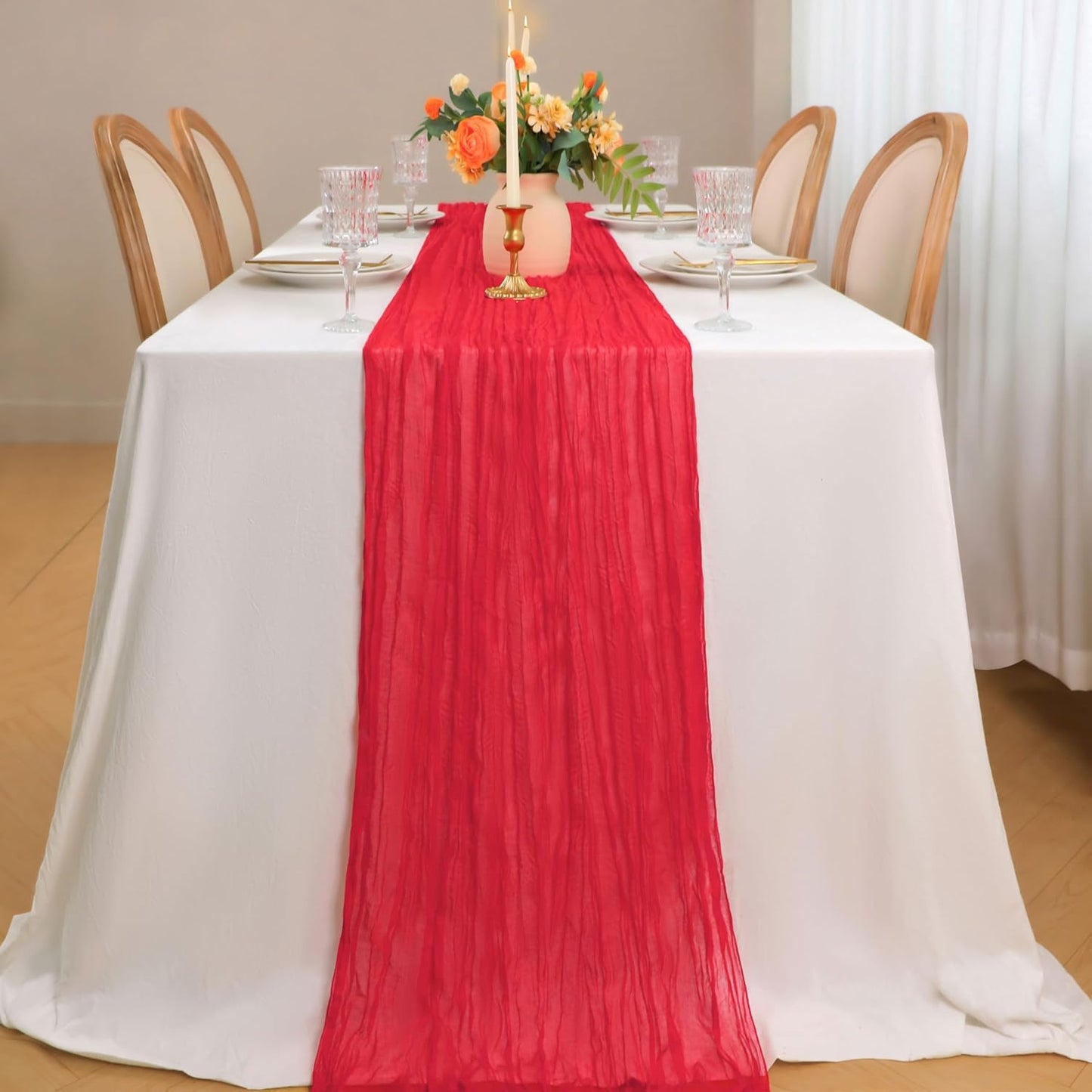 Snowkingdom 10 Ft Red Cheesecloth Table Runner, 120 inch Long Cheese Cloth Boho Gauze Runner for Wedding Bridal Baby Shower Birthday Sheer Table Decorations