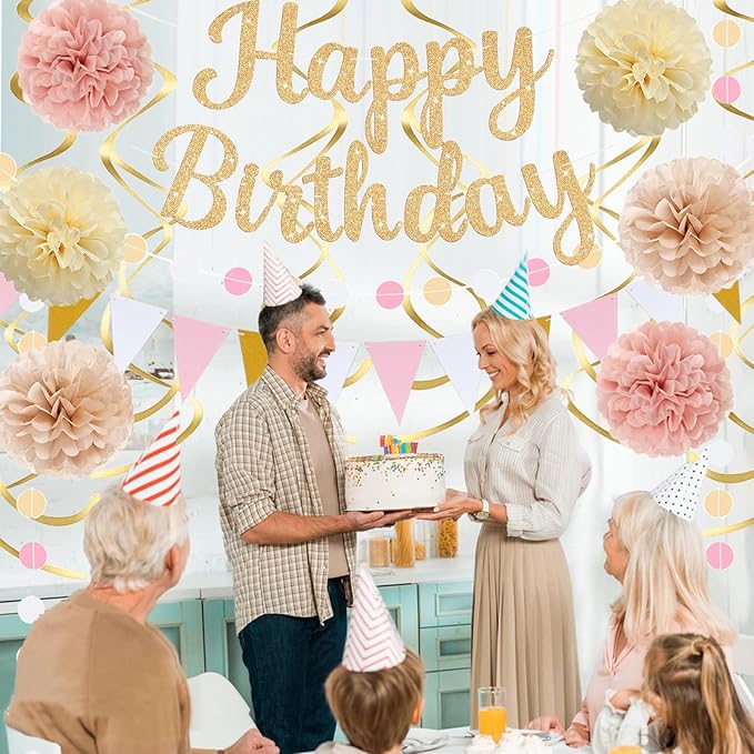Gold Birthday Decorations, Happy Birthday Banner and Paper Pompoms, Hanging Swirls, Circle Dots Garland, Pennant Flags for Girls Women Party Decorations