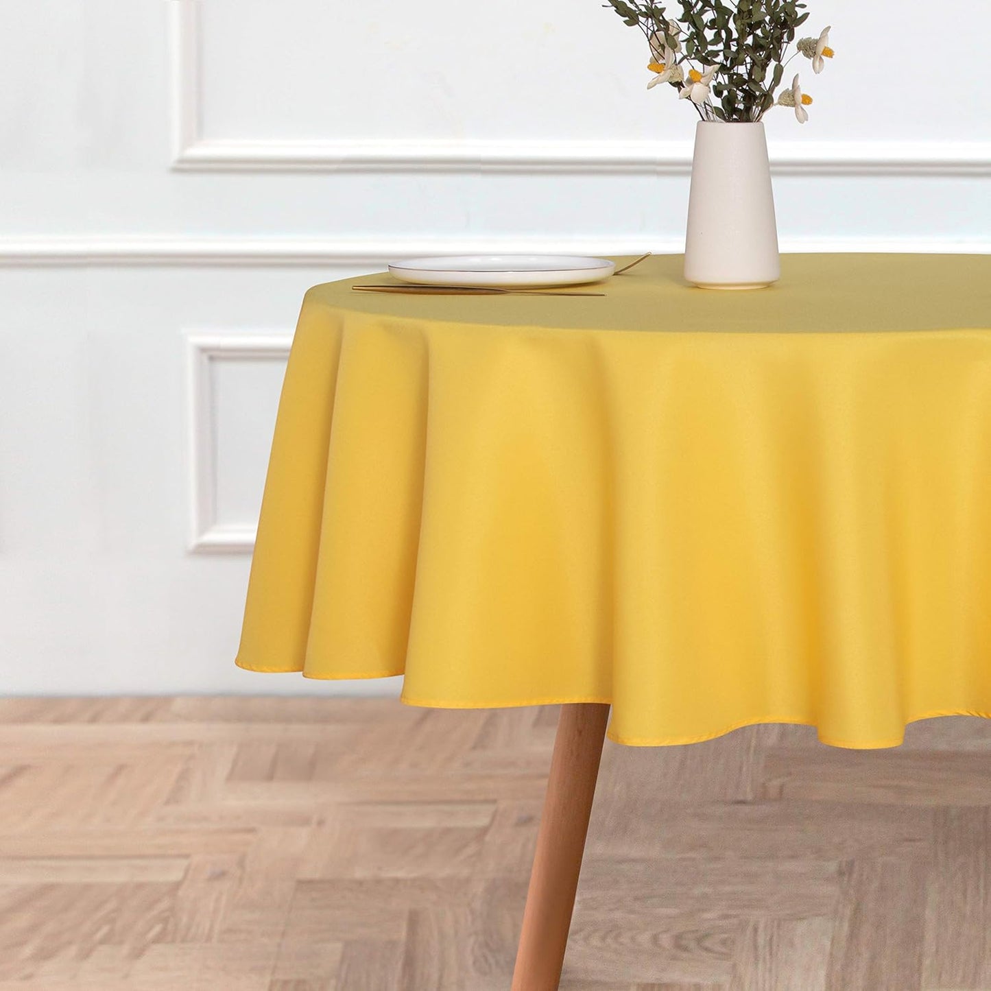 sancua Round Tablecloth - 60 Inch - Water Resistant Spill Proof Washable Polyester Table Cloth Decorative Fabric Table Cover for Dining Tables, Buffet Parties and Camping, Yellow