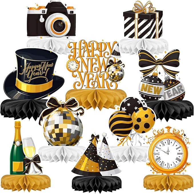 Happy New Year Party Decorations Bundle - Includes New Years Eve Honeycomb Centerpieces ，New Year Table Toppers, for Classroom Decor, New Year & Birthday Party Supplies