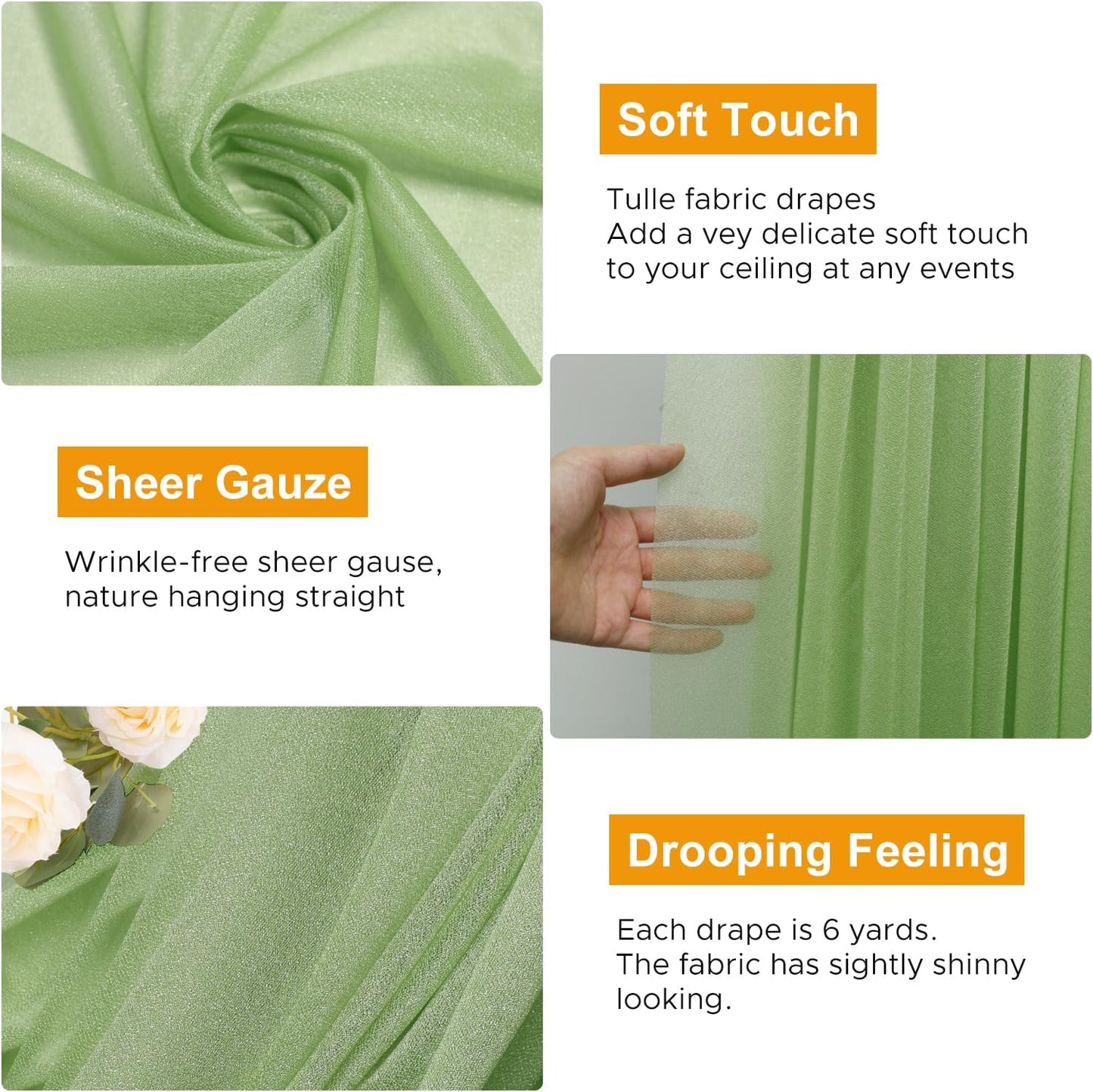 Wedding Arch Draping Fabric 2 Panels 28.7" x 20FT Sage Green Sheer Chiffon Backdrop Drapes for Wedding Ceremony Birthday Party Bridal Shower Outdoor Decoration