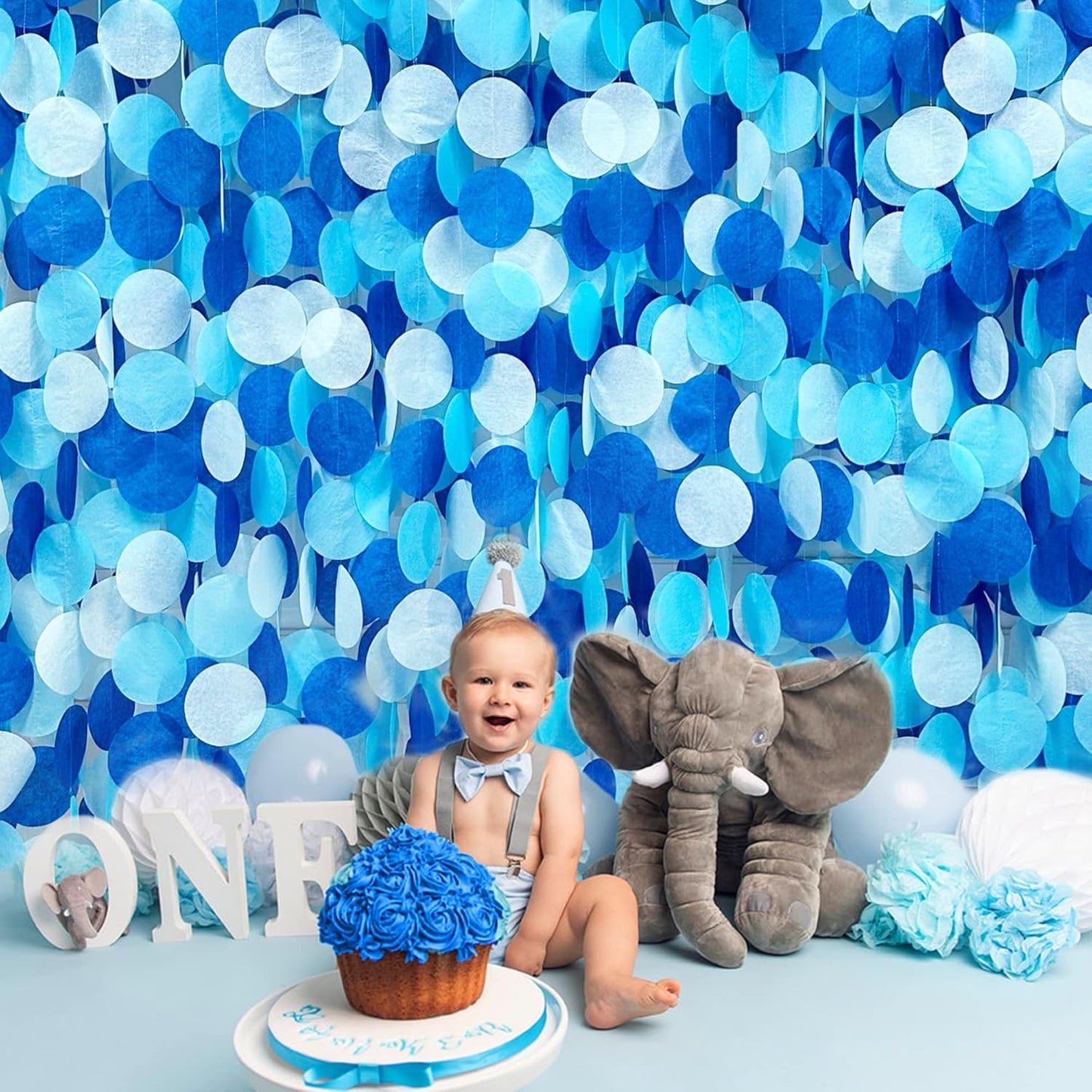 205Ft Navy Blue White Party Decorations Circle Dot Backdrop Garland Royal Blue Tissue Paper Polka Dot Hanging Curtain Streamer for Birthday Graduation Wedding Under The Sea Nautical Ahoy Achor Party