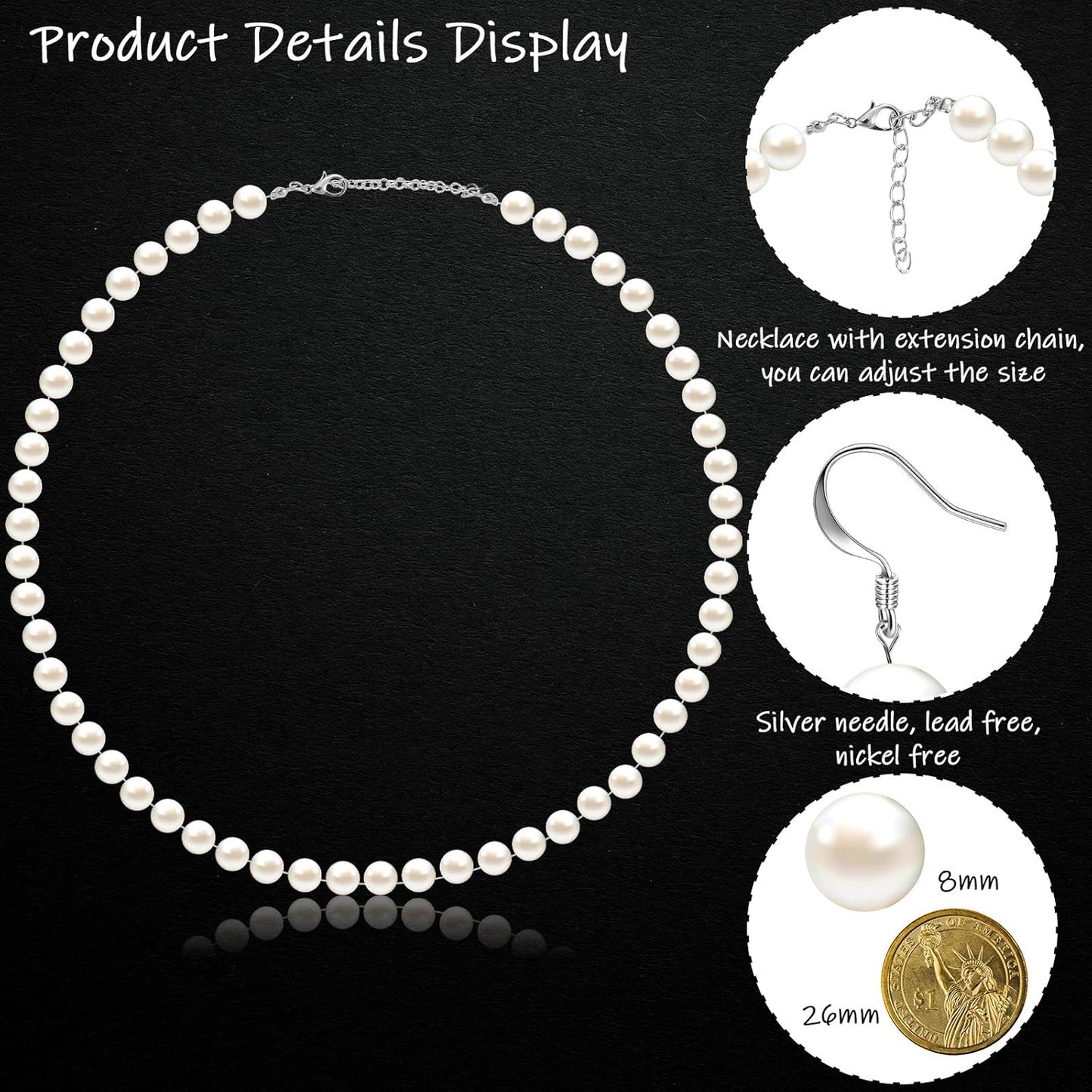 4 Pcs 1920s Faux Pearl Costume Jewelry Set for Women Halloween Simulated Necklace Bracelet Earrings for Wedding