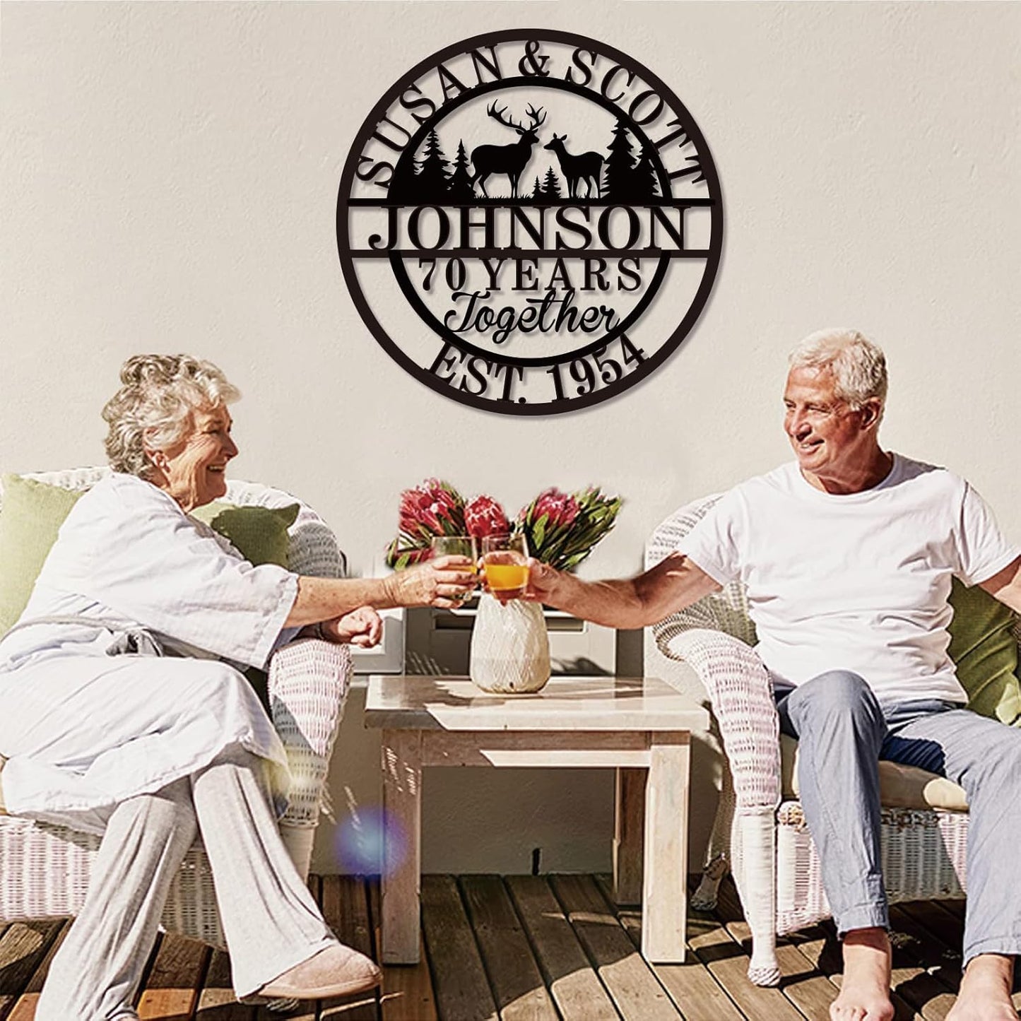 Personalized Christmas Gifts 2025, Custom 50th/40th/60th/70th/30th/1-99 Years Wedding Anniversary Sign Gifts for Couples Parents, Custom Metal Monogram Sign Personalized Family Name Signs (Deer)