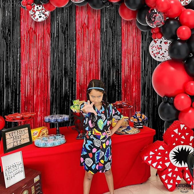 KatchOn Red and Black Fringe Curtain - 6.4x8 Ft Pack of 2 | Red and Black Streamers for Casino Theme Party Decorations | Foil Fringe for Anniversary, Bachelorette, Birthday Decorations