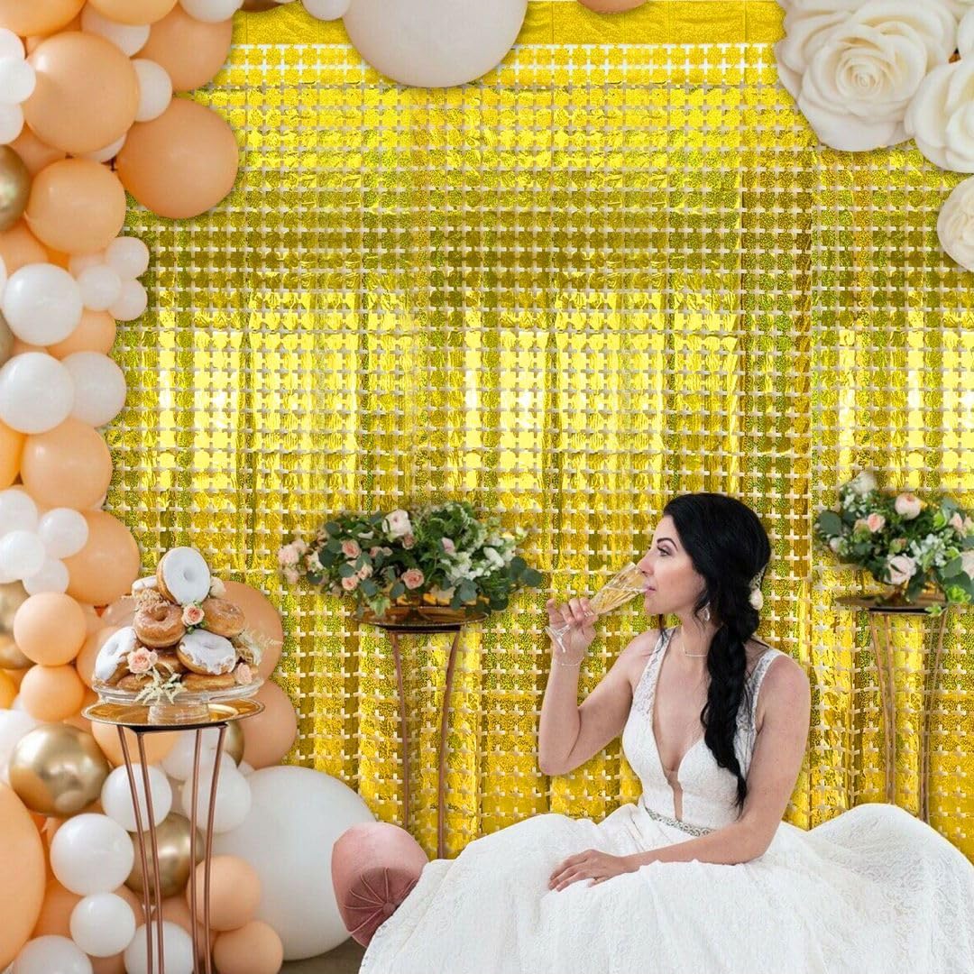 Gold Fringe Curtain Tinsel Backdrop,10pcs Square Foil Fringe Curtain Golden Wall Decor Party Streamers for Prom New Years Eve Christmas Anniversary Graduation Birthdays Masquerade Party Decorations