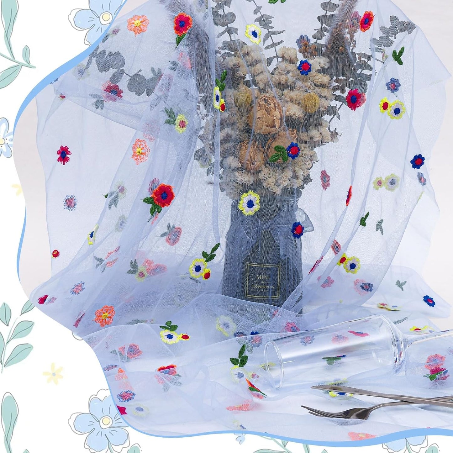 Blue Floral Table Runner 10 FT, Embroidery Daisy Table Runners Seasonal Sheer Tulle Table Runner for Thanksgiving Wedding Birthday Baby Shower Party ﻿