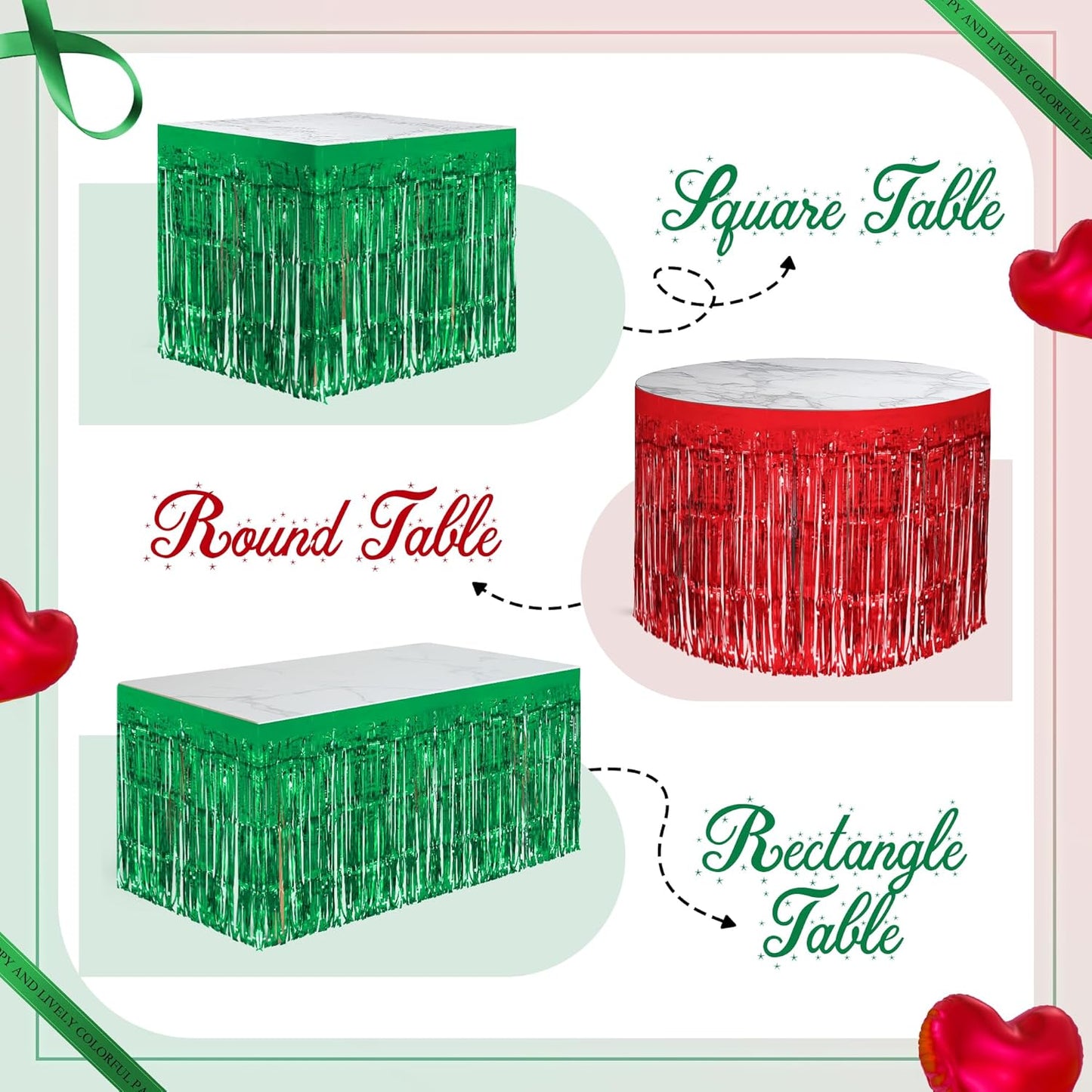 2 Pack Red Green Table Skirts, 29x108" Metallic Foil Tinsel Fringe Table Skirt for Rectangle Tables Streamer Curtains Backdrop, Party Decorations for Birthdays, Weddings, Holidays