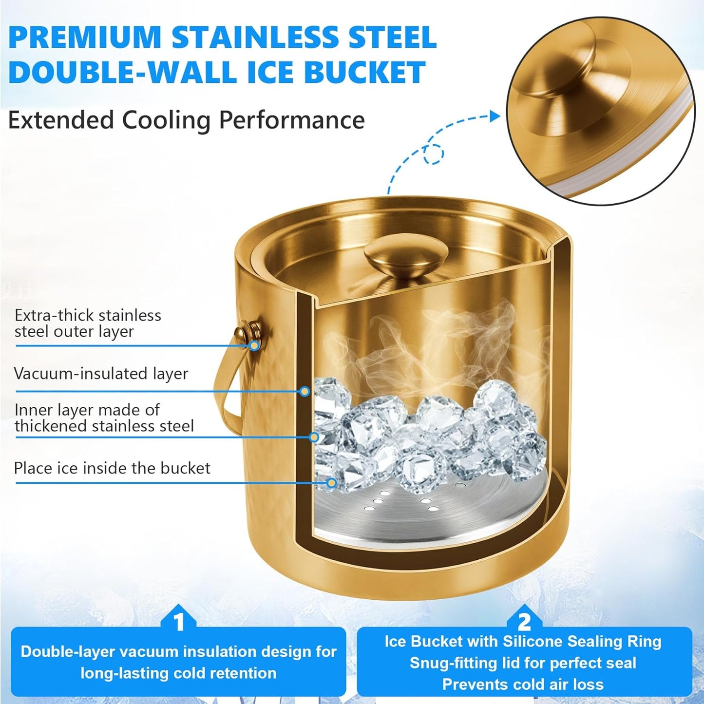 Ice Bucket, Ice Bucket with Silicone Sealing Ring Double-Wall Vacuum Insulation Champagne Buckets with Filter Layer Ice Tongs Ice Scoop (Gold, 3 L)