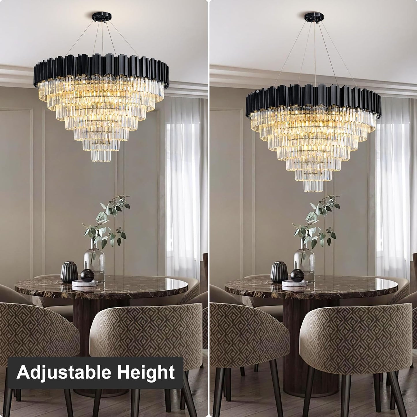 39" Black Crystal Chandelier, 21-Light Modern Luxury Round Chandelier, 7-Tier Contemporary Tiered Chandeliers Light Fixture for Dining Room, Living Room, Bedroom, Foyer, Entryway, Kitchen