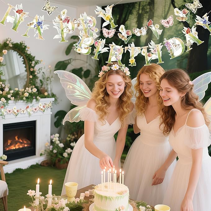 Sunbeauty Wildflower Butterfly Happy Birthday Banner | Garden Party Decoration | Floral Birthday Decorations | Pre-Strung