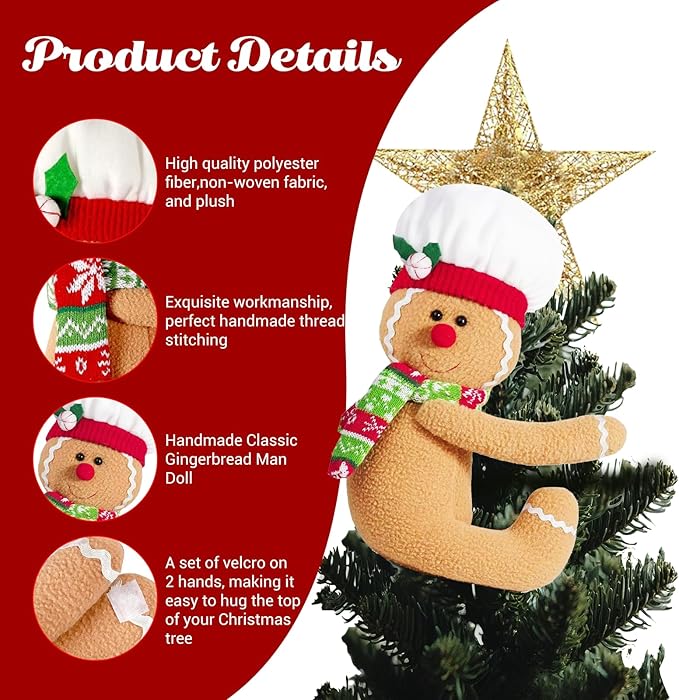 Gingerbread Man Christmas Tree Topper Santa Claus Christmas Decoration,2 Pack Cute Tree Topper Xmas Curtain Wine Bottle Staircase Guardrail Ornament for Xmas New Year(Gingerbread Man & Santa)