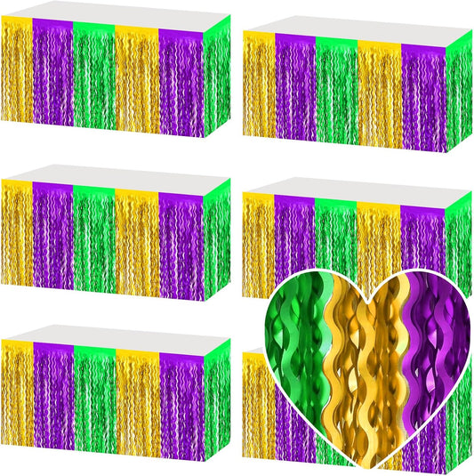 6 Pack 29x108 Inch Gold Green Purple Wave Foil Fringe Table Skirts Metallic Banner for Tinsel Streamer Garland Backdrop for Parade Floats Wedding, Mother's Day, Birthday Mardi Gras Party Decorations