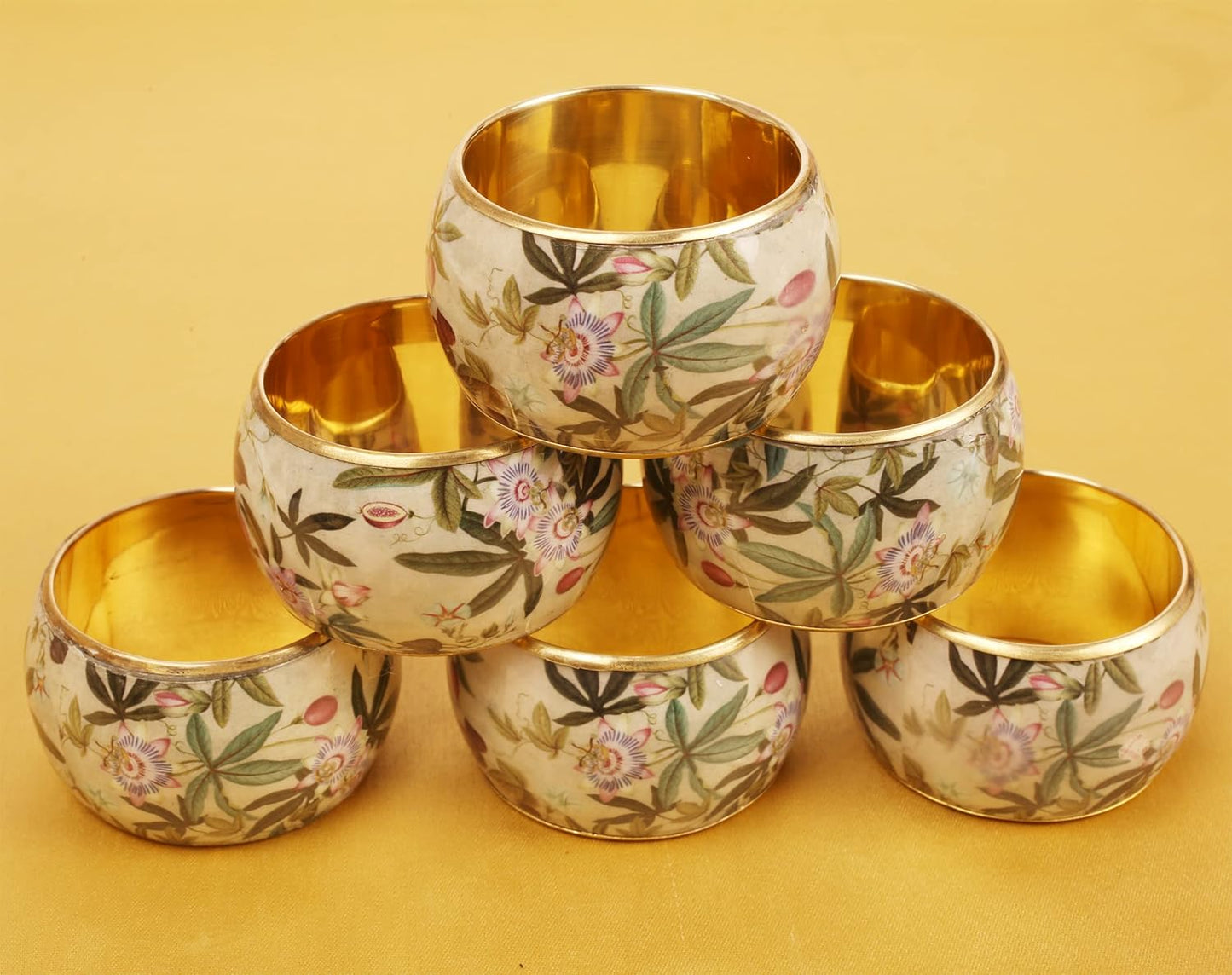 Gorgeous Beautifully Handcrafted Eye Catching Colorful Floral Petals Patterns Large Size Gold Tone Party Dining Table Napkin Holders (Set of 6)