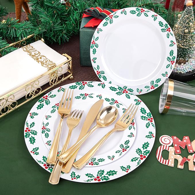 FLOWERCAT 175 PCS Christmas Plates set & Holly Berry Plates - Christmas plates disposable Include 50 Christmas Plastic Plates,25 forks, 25 knives, 25 spoons, 25 napkins Ideal for Xmas Party