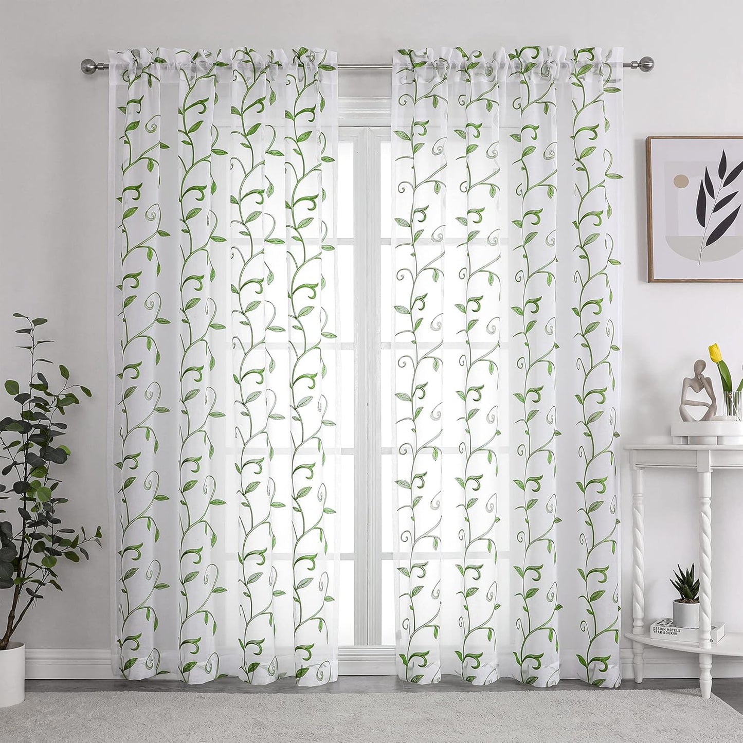 VISIONTEX Embroidered Green Sheer Voile Curtains, Leaves Embroidery Faux Linen Rod Pocket Window Drapes for Living Room and Girls Bedroom 54 x 95 Inch, Set of 2 Curtain Panels