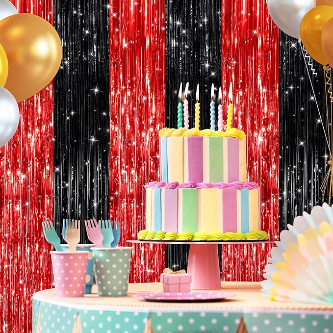 2 Pack Black Red Metallic Tinsel Foil Fringe Curtains, Door Streamers Photo Booth Backdrop for Birthday Party, Tinsel Curtain Backdrop for Baby Shower Bachelorette Christmas Party Decorations