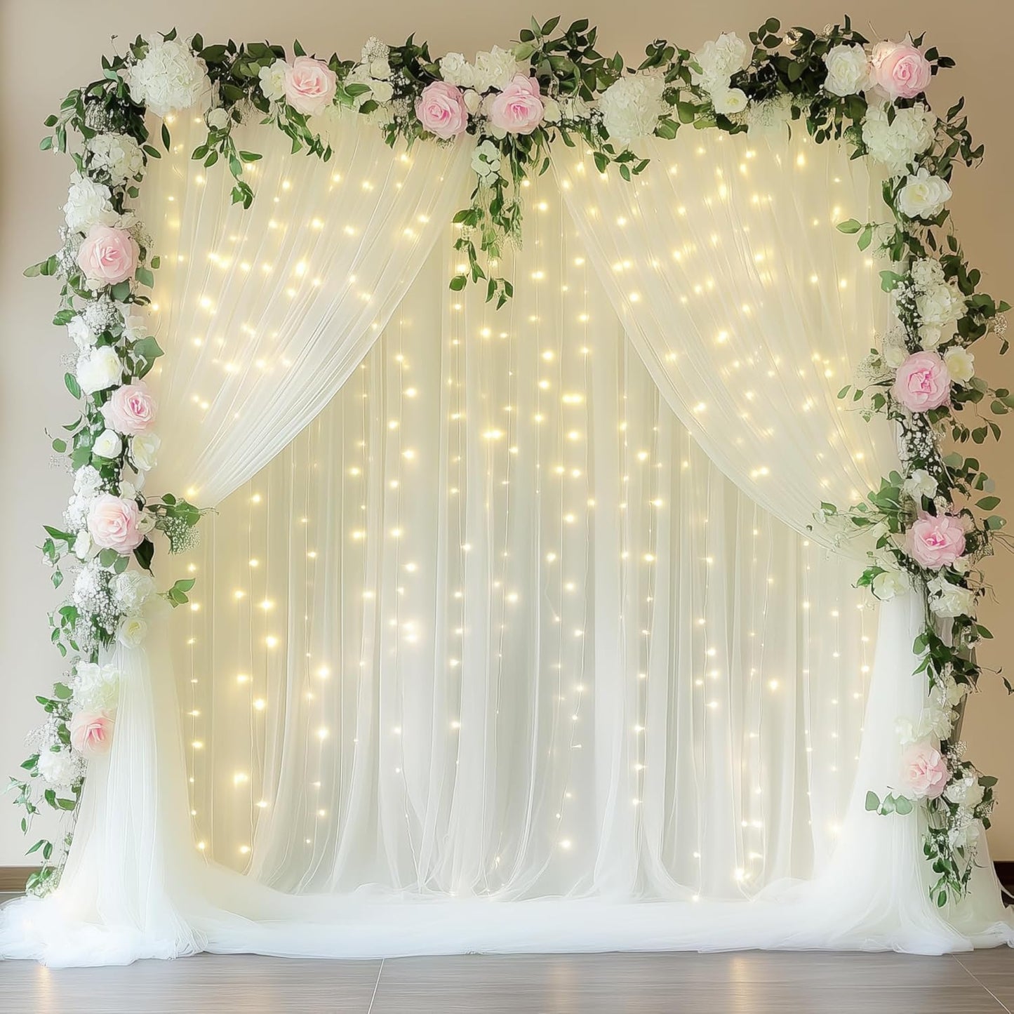 Fomcet Ivory Tulle Backdrop Curtains with Lights String 10FT X 10FT Sheer Curtain with Lights Tulle Curtains Backdrop for Wedding Birthday Party Photo Shoot (2 Panels 5x10FT)