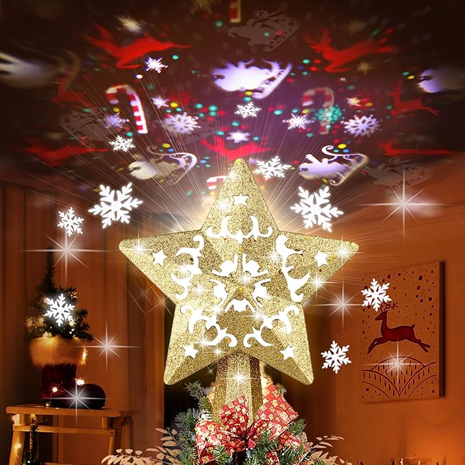 Christmas Tree Topper, Christmas Star Tree Topper Built-in LED Rotating Lights, Plug in 3D Golden Glittered Star Tree Topper for Xmas Party Holiday Decorations
