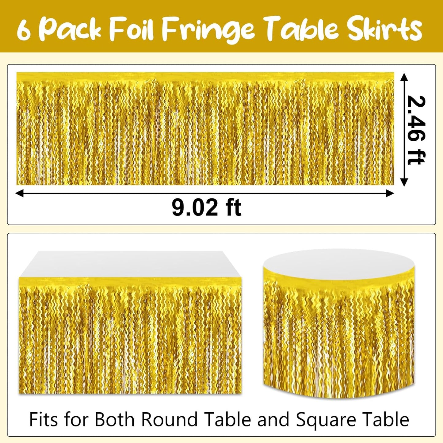 6 Pack 29 x108 Inch Gold Wave Foil Fringe Table Skirts Metallic Banner for Tinsel Streamer Garland Backdrop for Parade Floats, Mother's Day, Easter, Wedding, Birthday Party Decoration