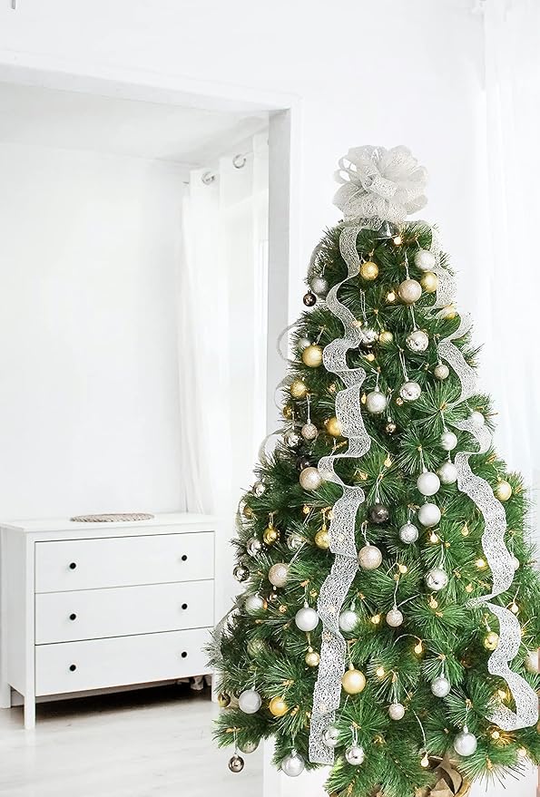 CT CRAFT LLC Silver Glitter Mesh Christmas Tree Topper Bow 11" with 4 Ribbon Streamers x 3 Yards Long Each for Holidy Elegant Fancy Home Décor Indoor