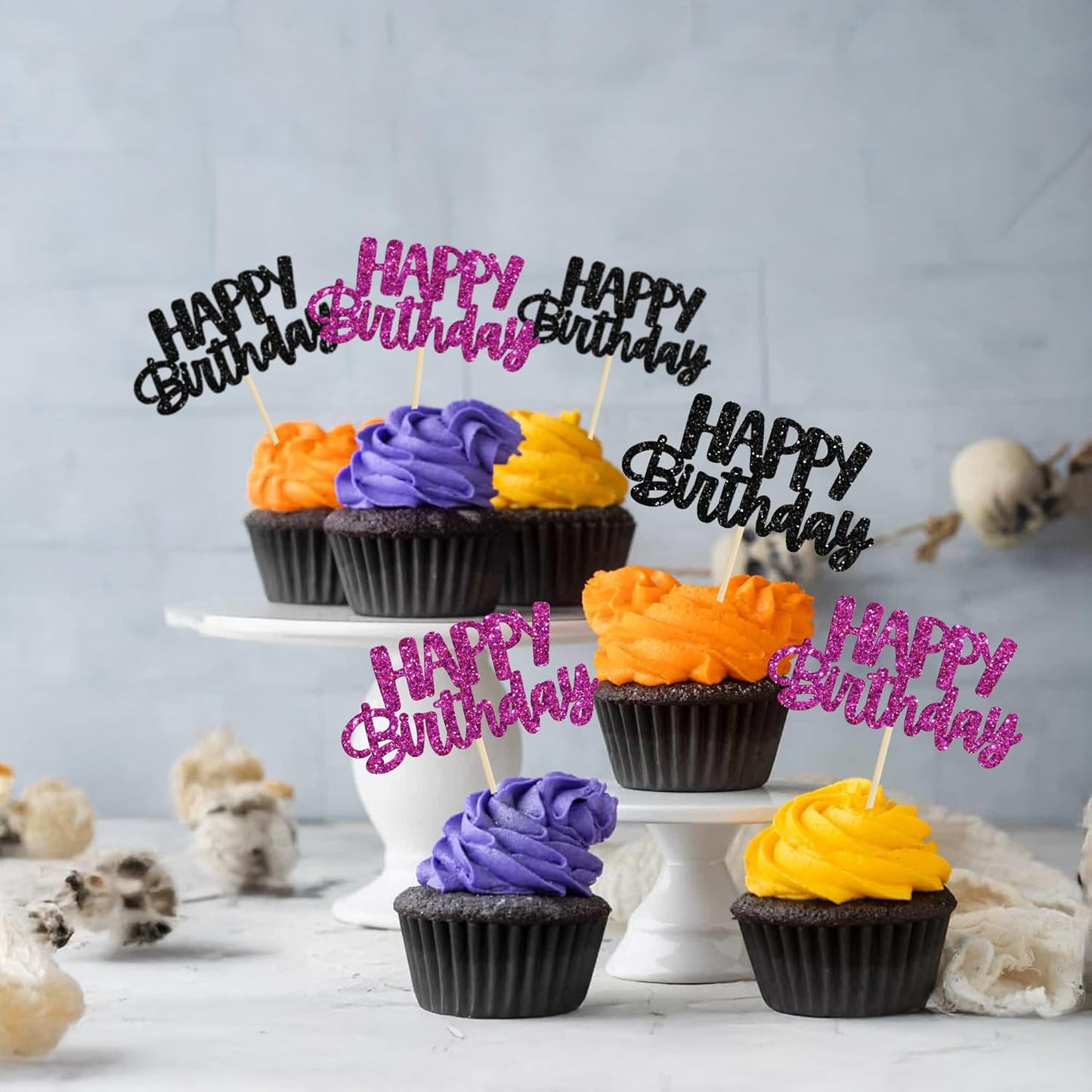 Gyufise 24Pcs Happy Birthday Cupcake Toppers Glitter Birthday Cake Topper Decorations for Celebrating Halloween Theme Party Decorations Supplies Black Purple