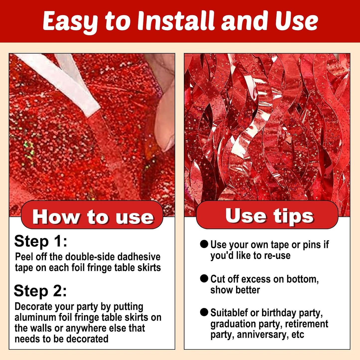 6 Pack 29x108 Inch Red Wave Foil Fringe Table Skirts Metallic Banner for Tinsel Streamer Garland Backdrop for Parade Floats Mother's, Graduate, Mardi Gras, Birthday, Wedding Party Decorations