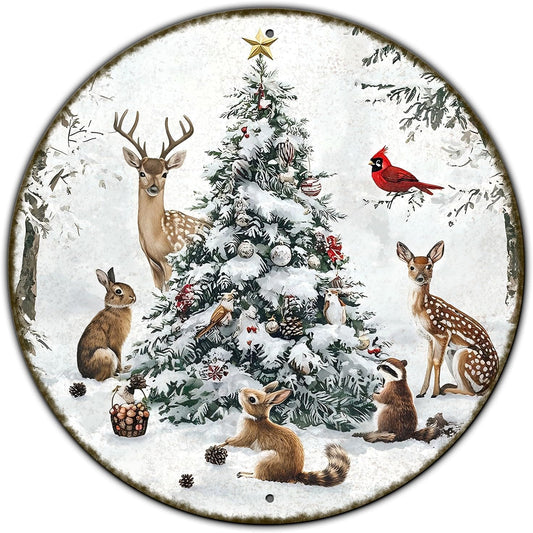 Round Christmas Snow Animals Metal Tin Sign - Vintage Christmas Tree & Winter Sign for Home & Outdoor Decorations - 12 * 12 in