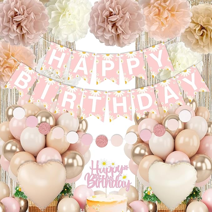 Blush Beige Birthday Decoration for Women Girls with Daisy Flower Happy Banner, Boho Dusty Pink Paper Pom Poms, White Sand Pink Gold Balloons Set And Fringe Curtain, Fall Birthday Theme Party Décor